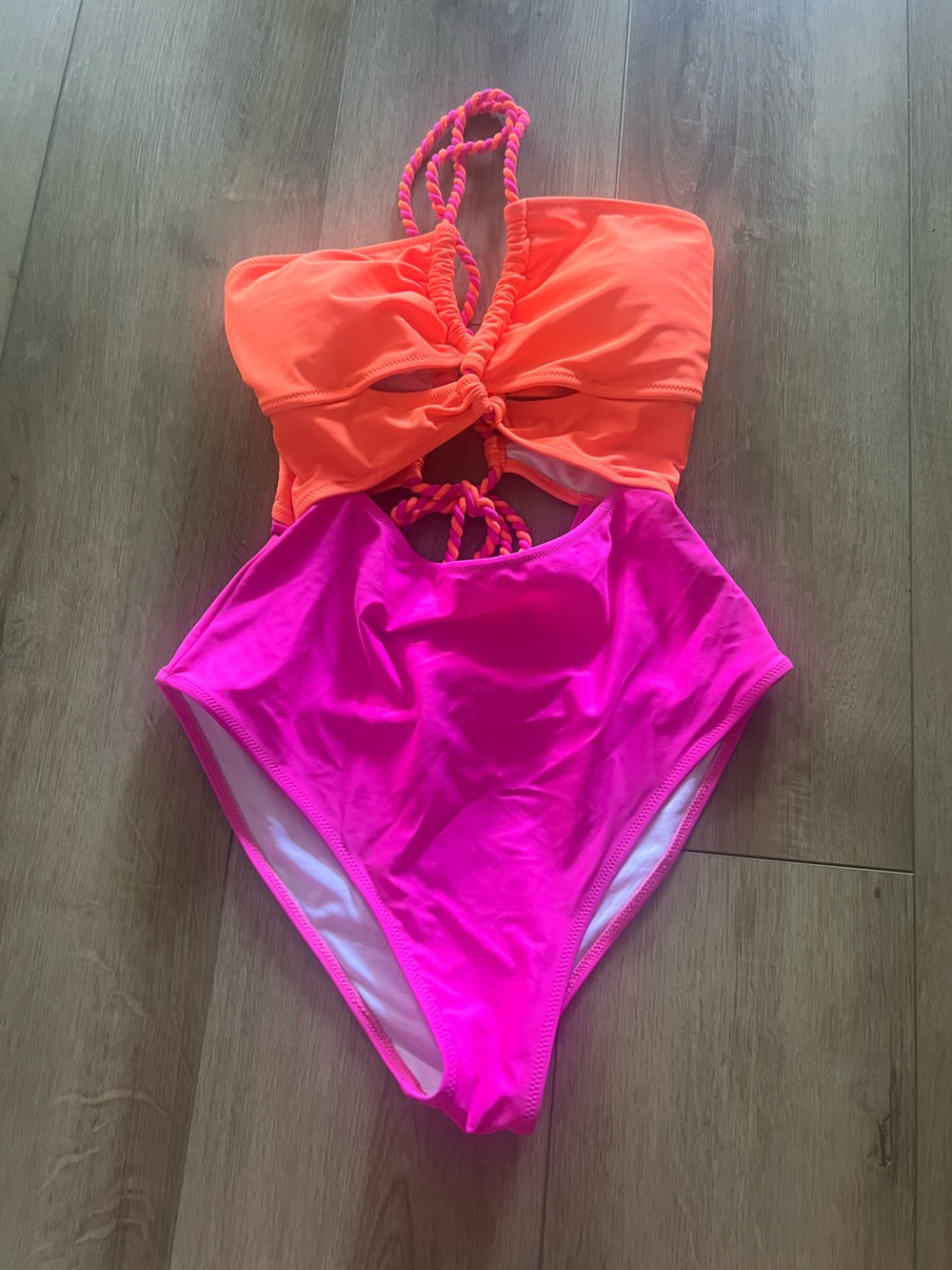 Popvil Neon Pink and Orange Strappy One Piece Swimsuit Medium
